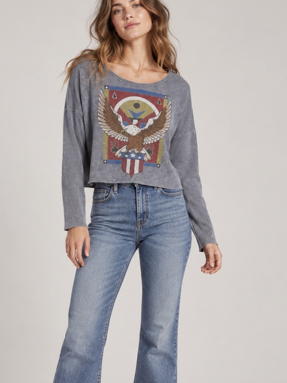 Daydreamer LA Eagle Long Sleeve Textured Top Women's‎ M Vintage Wash